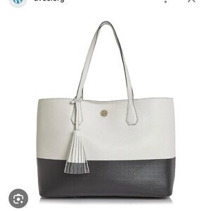 Tory Burch Two-Tone White and Black Leather Tote with Tassel